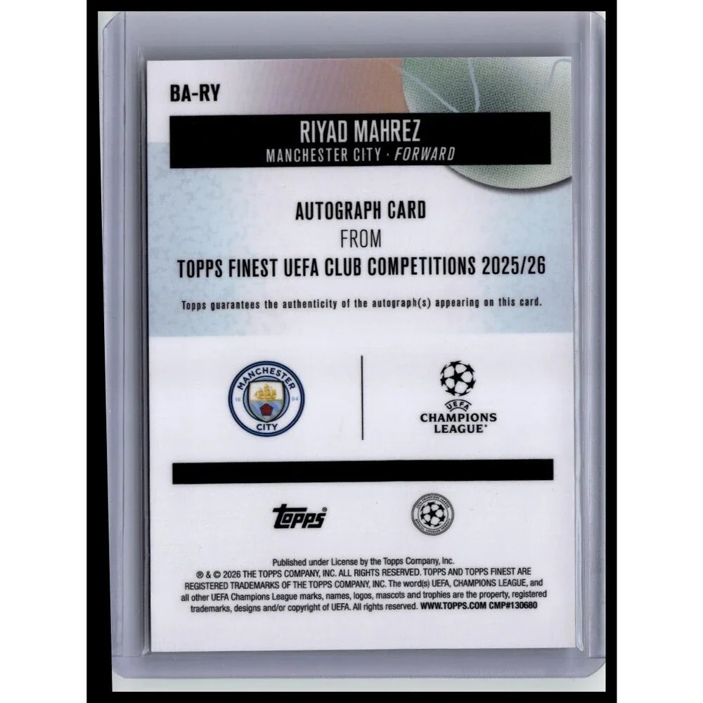 Topps Finest UCC 25-26 Riyad Mahrez Auto 01/25 Orange Refractor Man City Bookend
